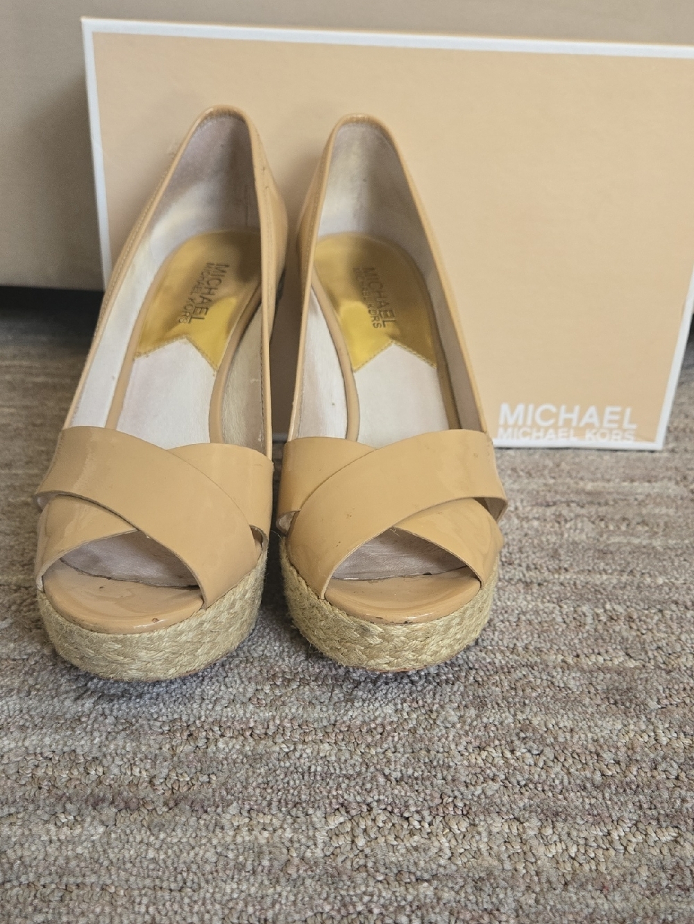 MICHAEL Michael Kors Beige Tan Espadrille Wedge Peep-Toe Platforms